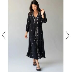 Natural Life Brae Embroidered Midi Dress Black Rayon Womens Medium Bohemian
